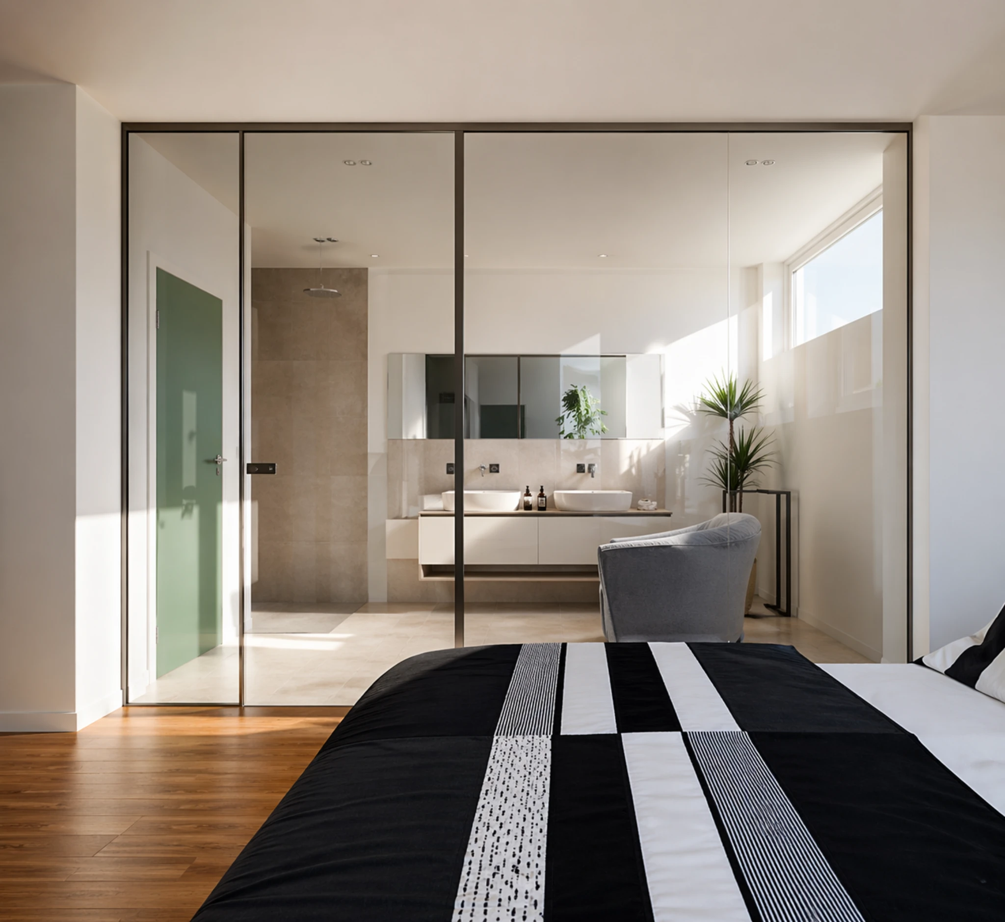 Glastrennwand Badezimmer — Raumtrennung Bad Schlafzimmer, ESG 10 mm satiniert